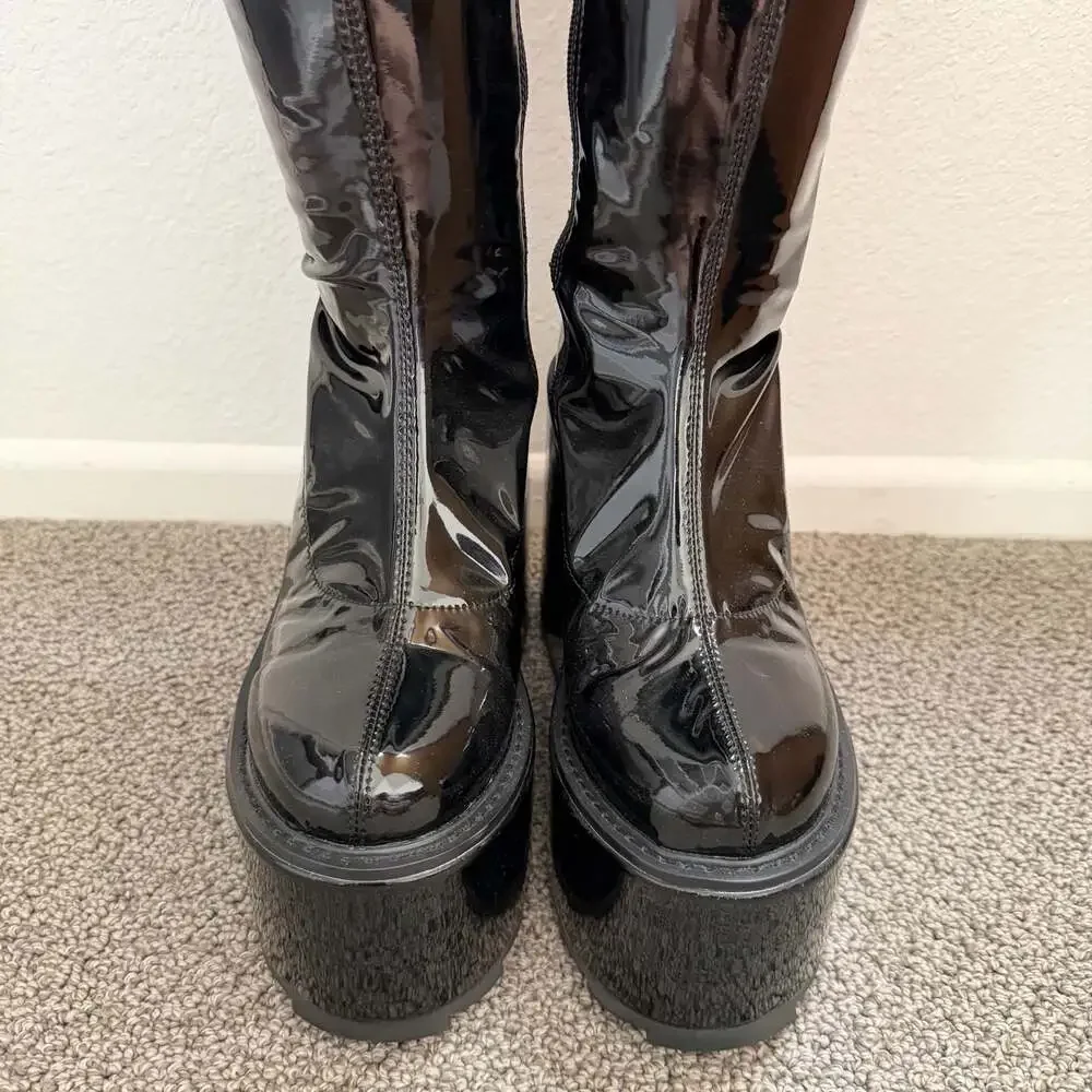YRU Hades Platform Wedge Over The Knee Thigh High Boots in Black Patent - Size 9